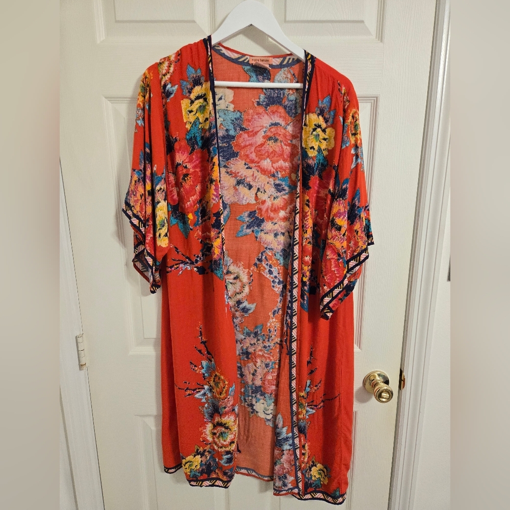 Flying Tomato Red Multicolor Floral Open Front Kimono Cover Up Size Medium Large